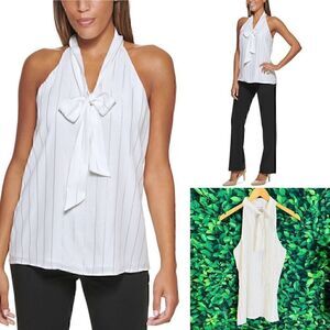 Calvin Klein Metallic Stripe Tie-Neck Halter Top White Size Small